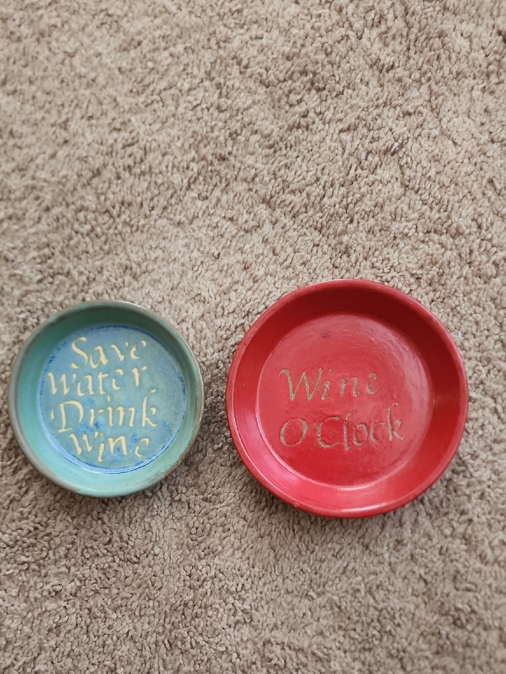 Decorative Wine Coasters Or Trinket Dishes - Red and Aqua Save Wine Drink Water